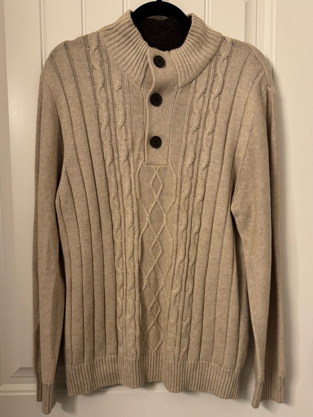 Men's Cable-Knit Zip-Up Sweater in Beige - Casual Mock Neck